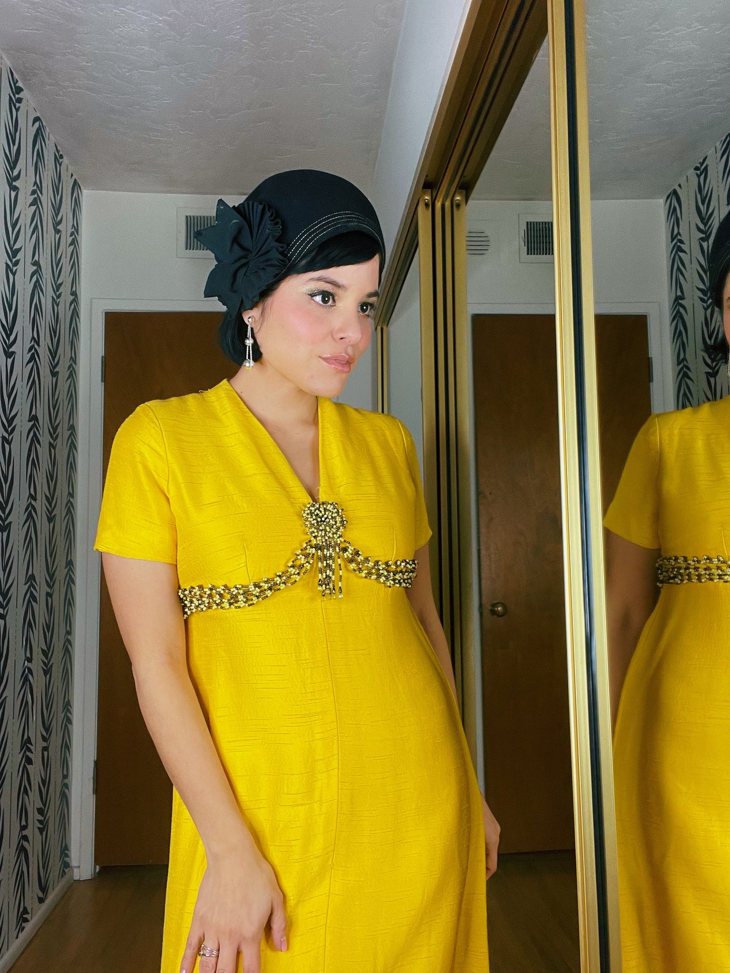 Vintage 60s Raw Silk Empire Waist Beaded Bodice Cocktail Dress Fits Sizes XS-SM
