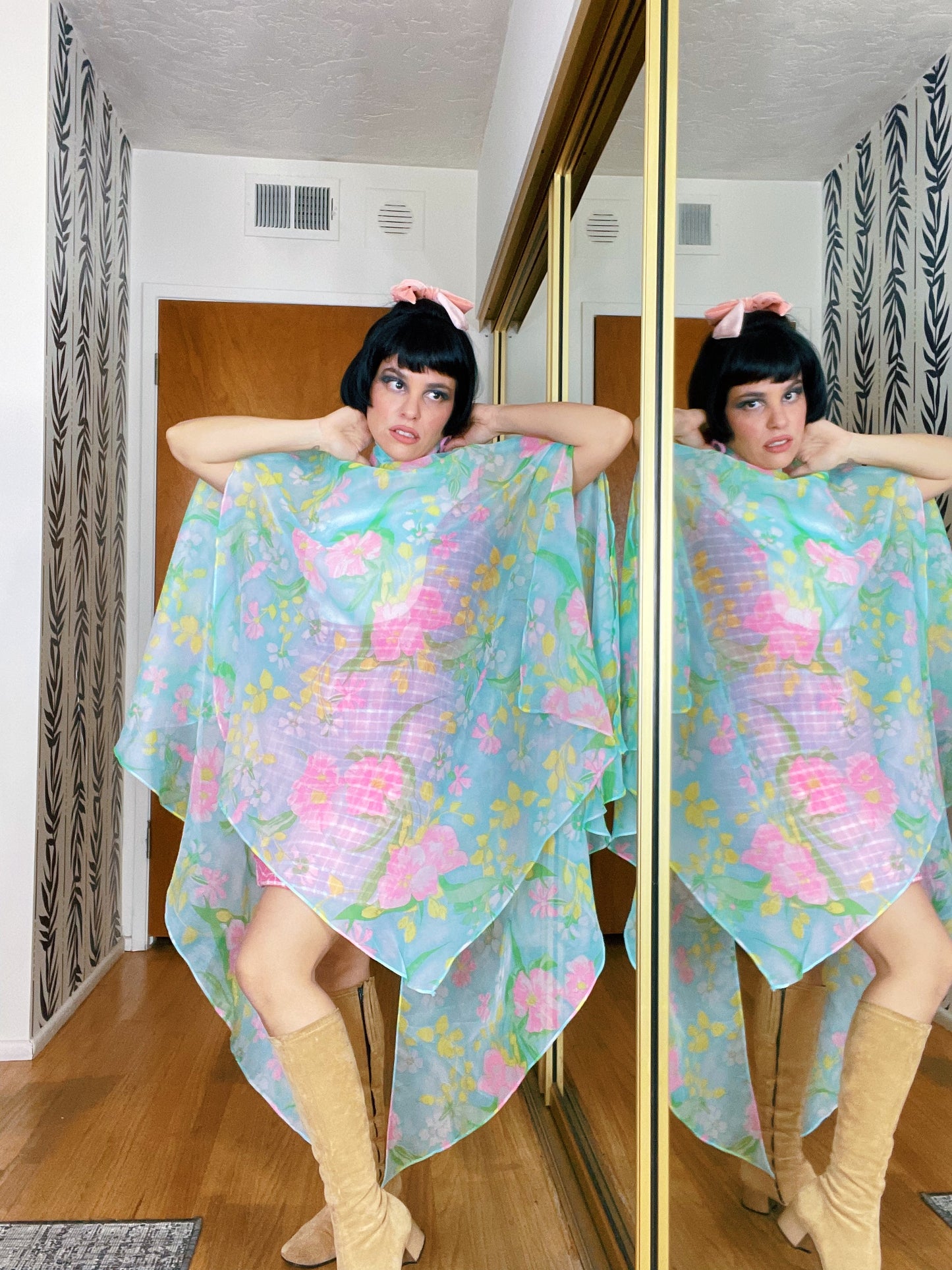 Vintage 60s / 70s Sheer Neon Floral Cape Dress Fits One Size