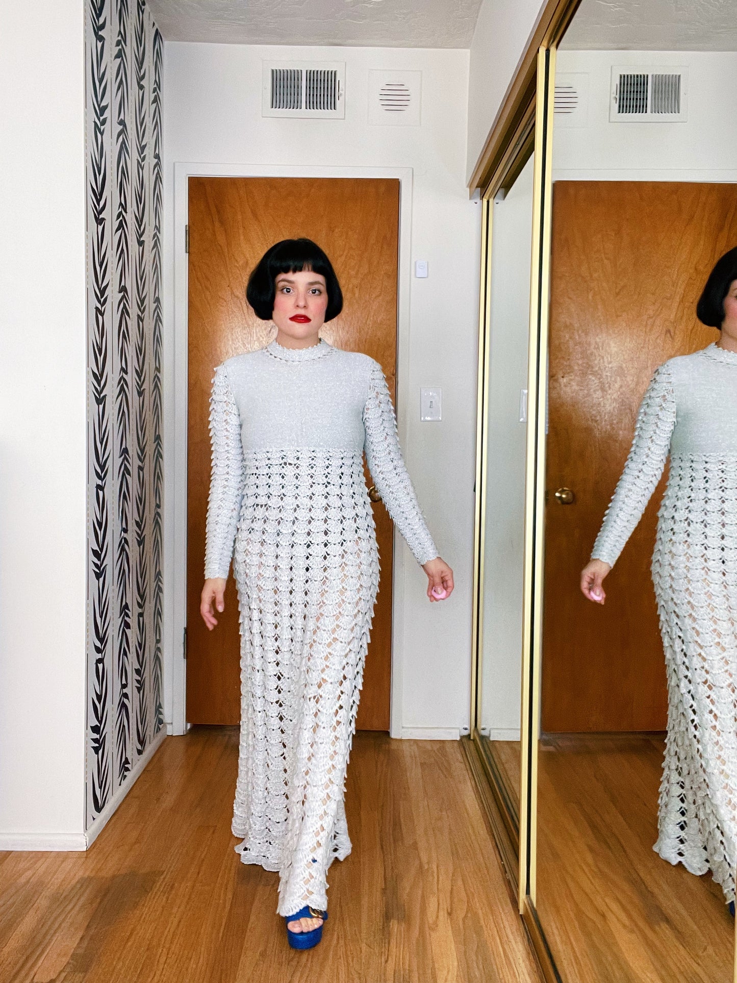 Vintage 60s / 70s Silver Metallic stretchy Crochet Knit Shell Print Maxi Dress Fits Sizes XXS-SM