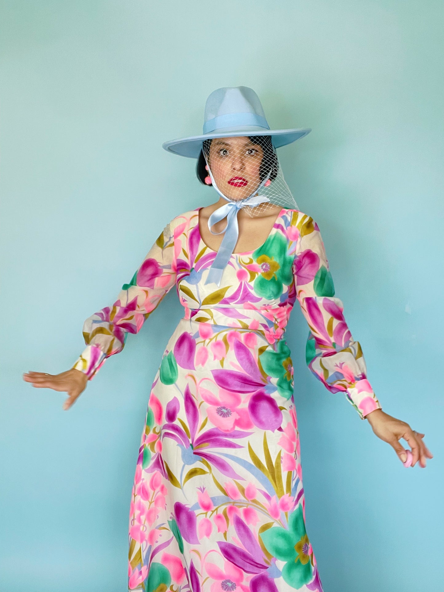 Vintage 60s / 70s Neon Floral Garden Maxi Dress Fits Sizes XS-SM