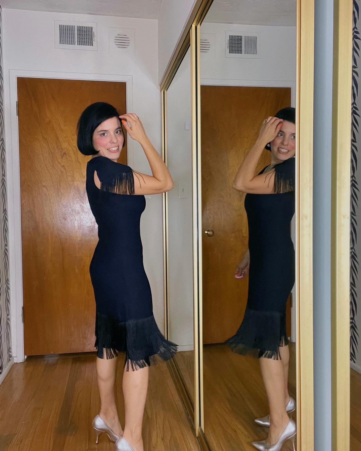 Vintage 60s Black Fringe Shoulders & Hemline Cha Cha Dress Fits Sizes XS-SM