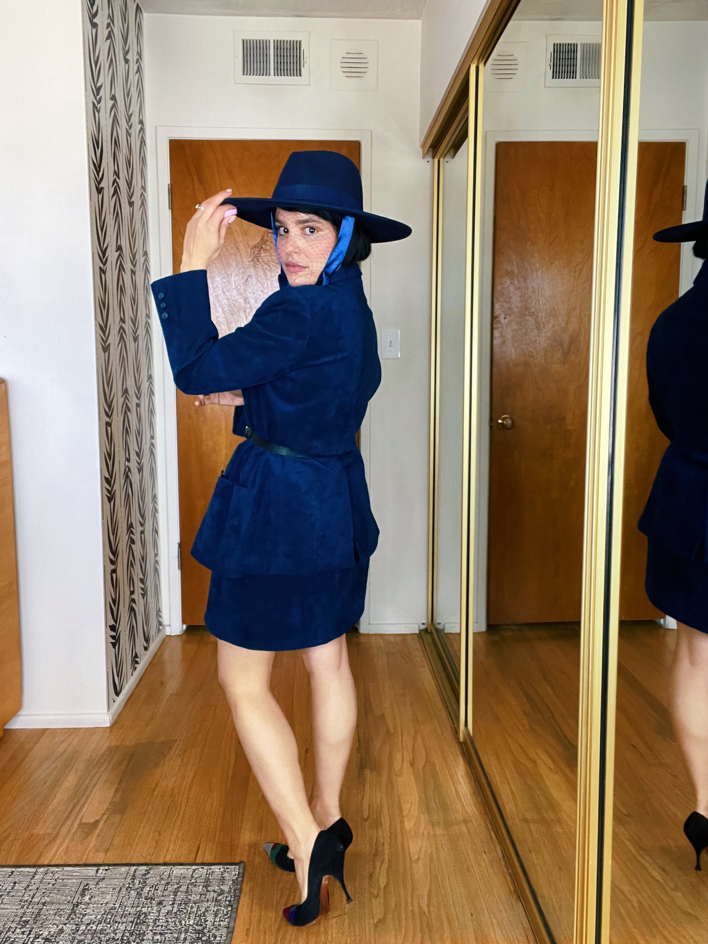 Vintage 70s Ultra Suede Blue Blazer Mini Skirt Set Fits Sizes XS-SM & Possible Size M