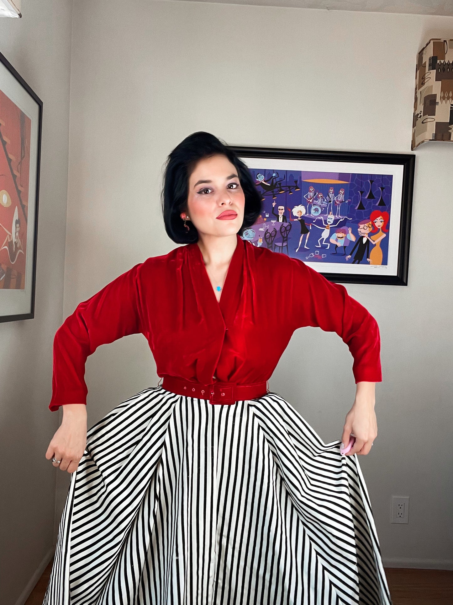 Vintage 50s Red Velvet with Striped Skirt Maxi Dress Fits sizes XS-SM