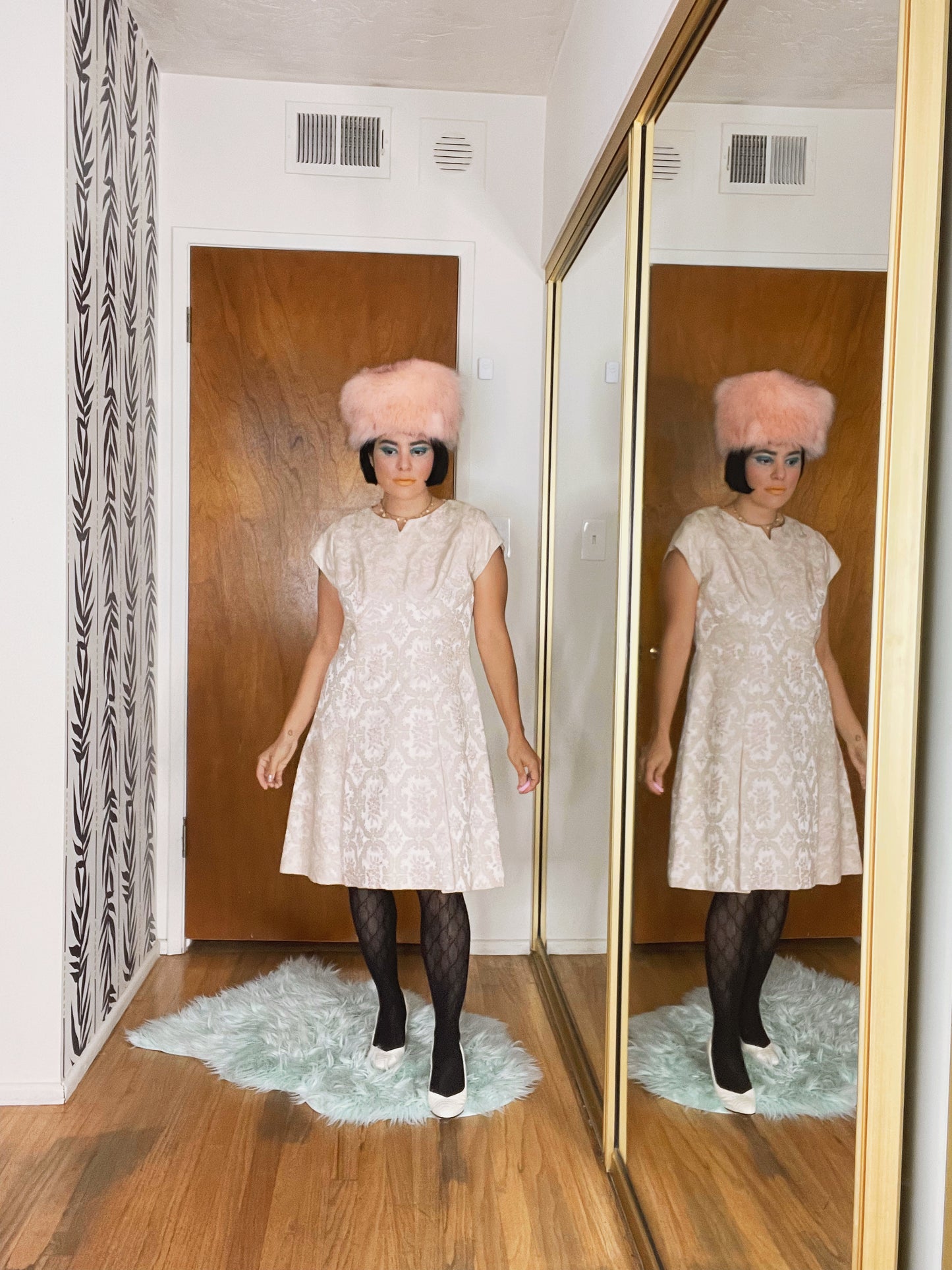 Vintage 60s Pink Barcode Dress with Matching Coat Set Fits Sizes S-M