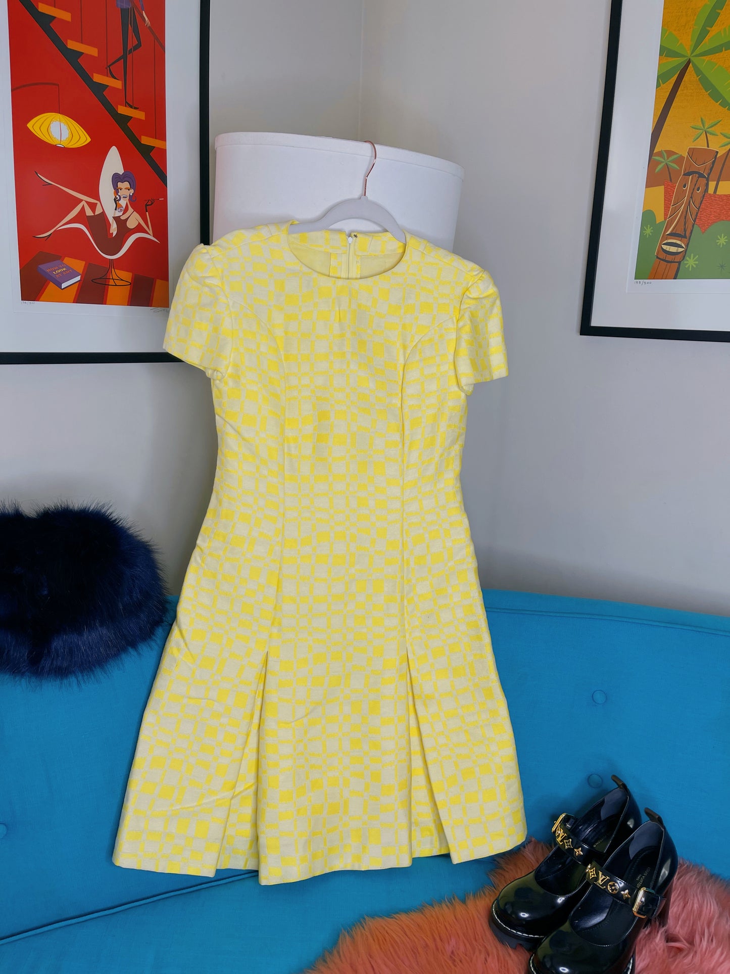 Vintage 60s / 70s Yellow and White Checkered Dress Fits Sizes XXS-SM