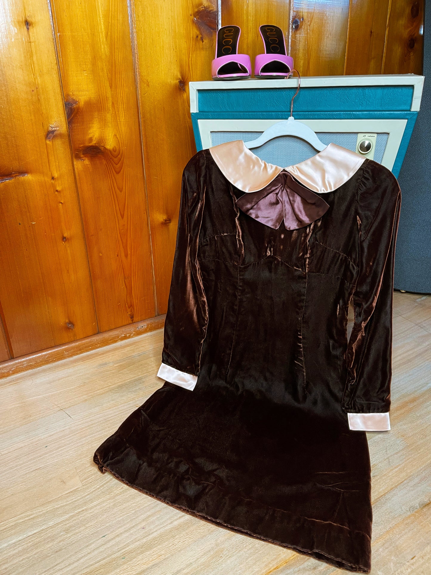 Vintage 60s Velvet Babydoll Chocolate Color Dress Fits Sizes XS-SM