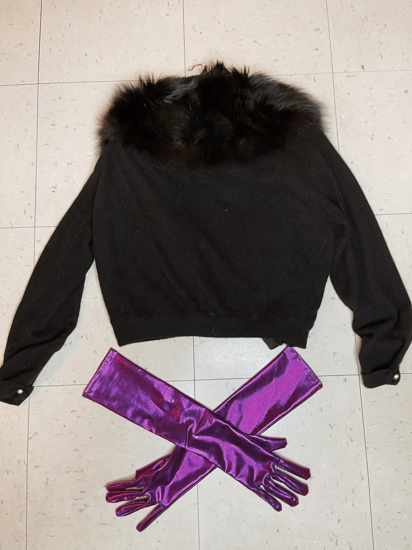 Vintage 50s Fur Black Rhinestone Closure Sweater Fits Sizes XS-M