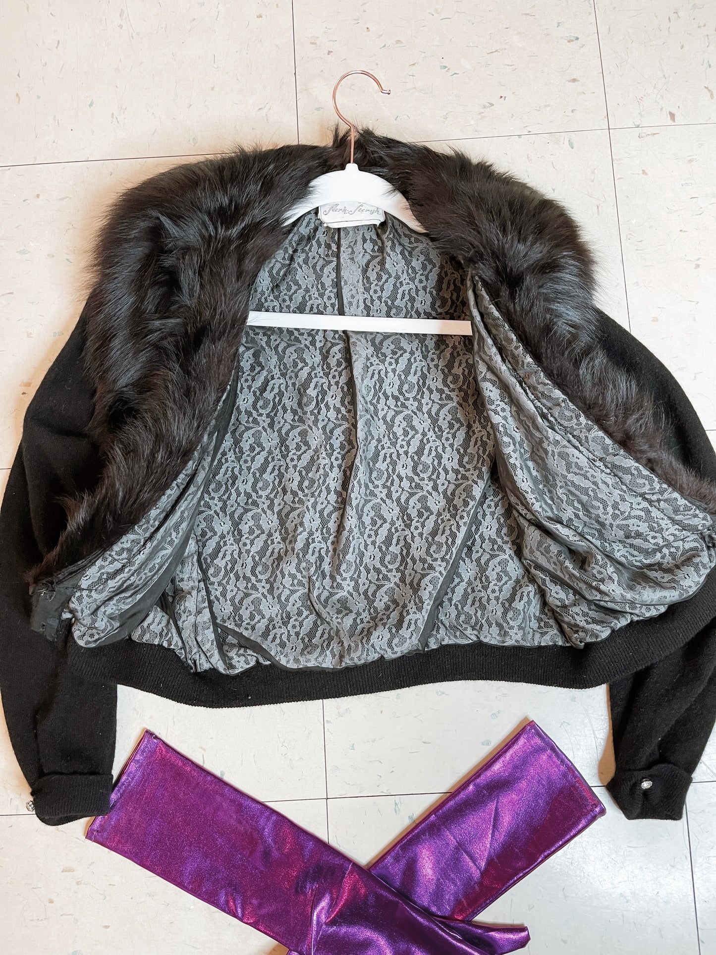 Vintage 50s Fur Black Rhinestone Closure Sweater Fits Sizes XS-M