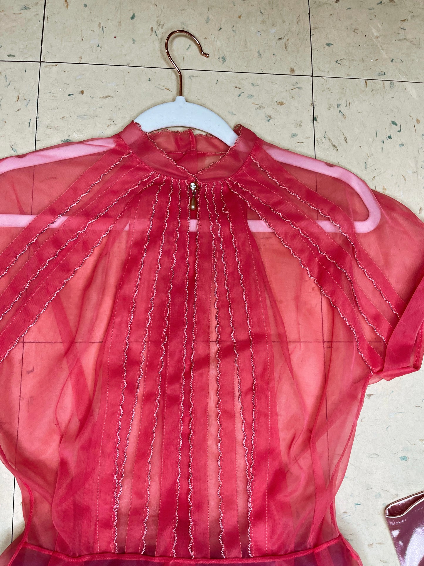 Vintage 50s Nylon Sheer Blouse with Pearl Collar Fits Sizes XXS-SM