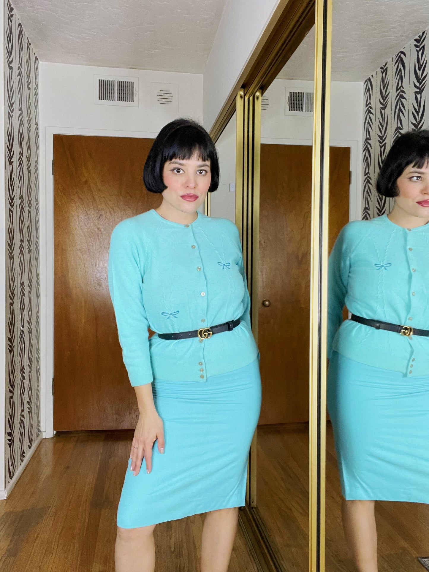 Vintage 50s / 60s Light Teal Blue Cashmere Bow Print High Waisted Pencil Skirt Set Fits Sizes XXS-XS