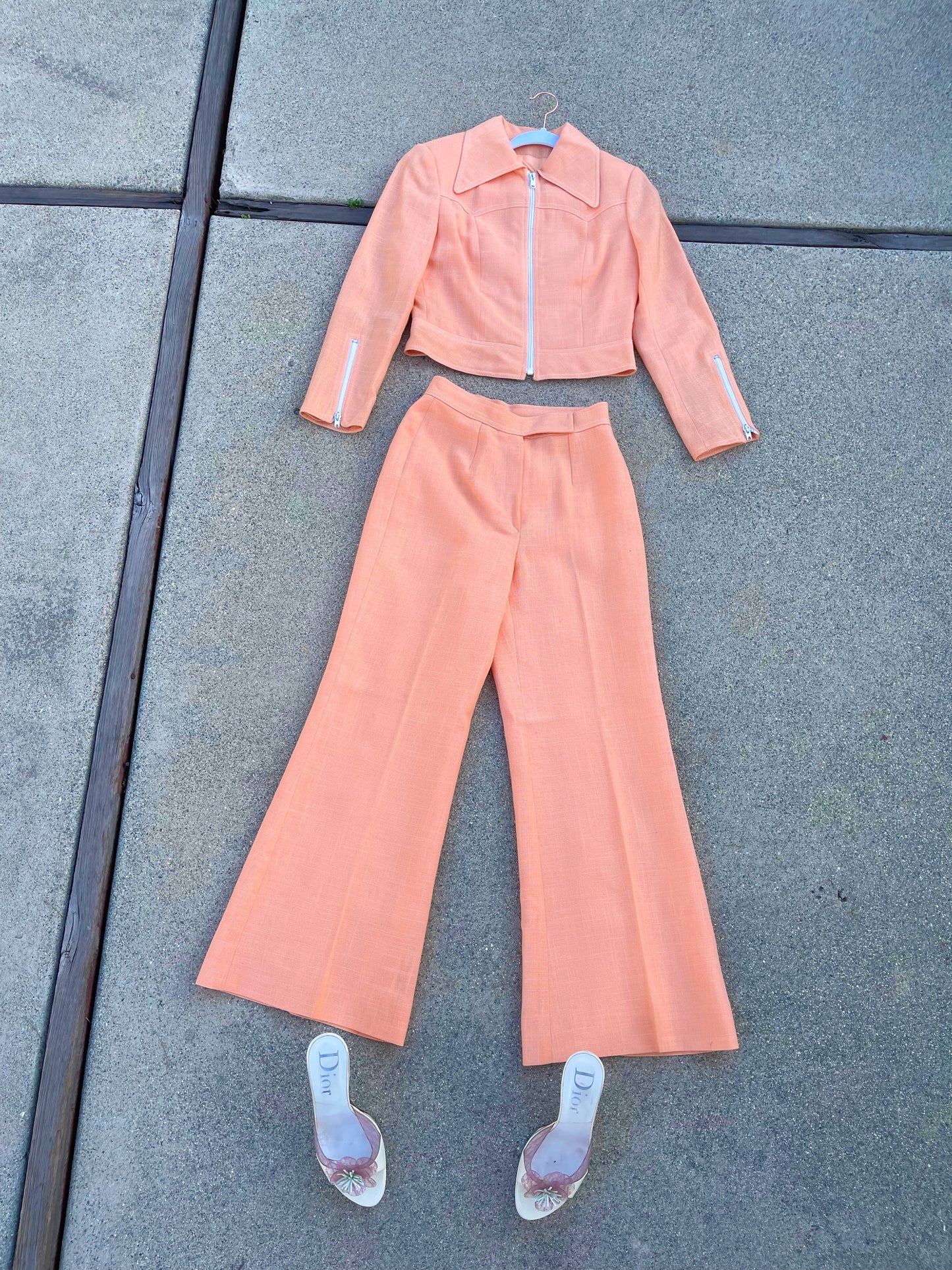 Vintage 60s / 70s Western Peach Sorbet Linen Blazer High Waisted Set Fits Sizes XS-SM