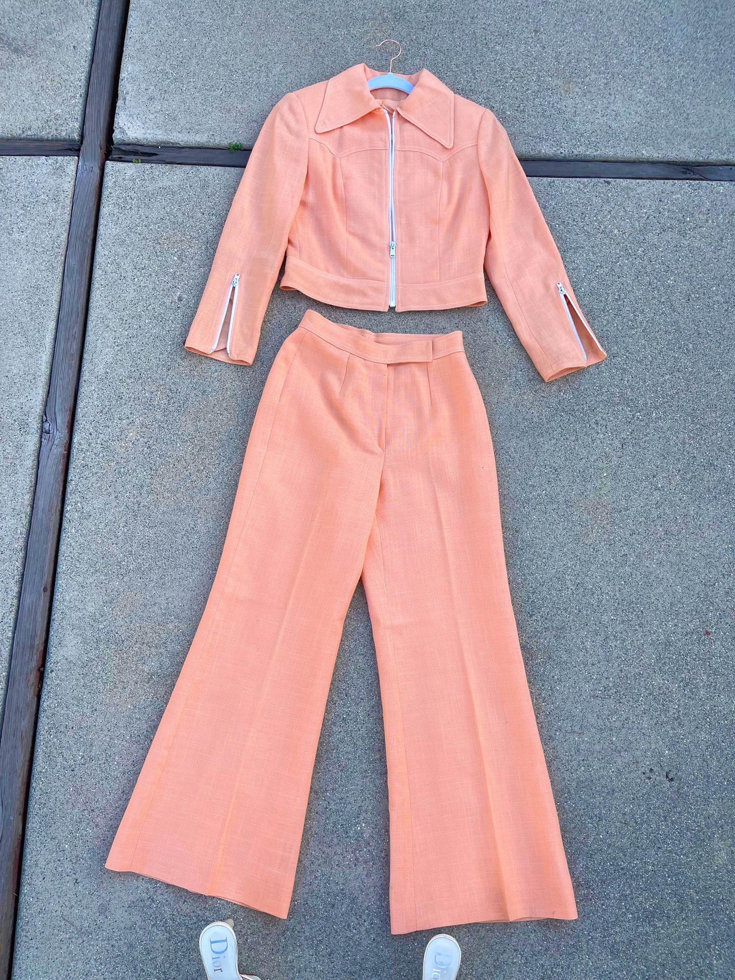 Vintage 60s / 70s Western Peach Sorbet Linen Blazer High Waisted Set Fits Sizes XS-SM