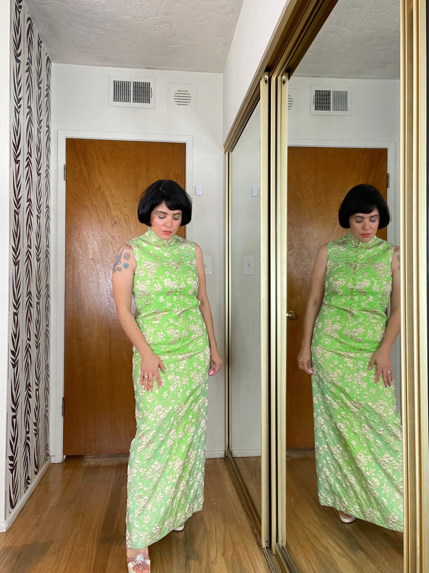 Vintage 60s Lame Floral Ombré Maxi Dress Fits Sizes XS-SM