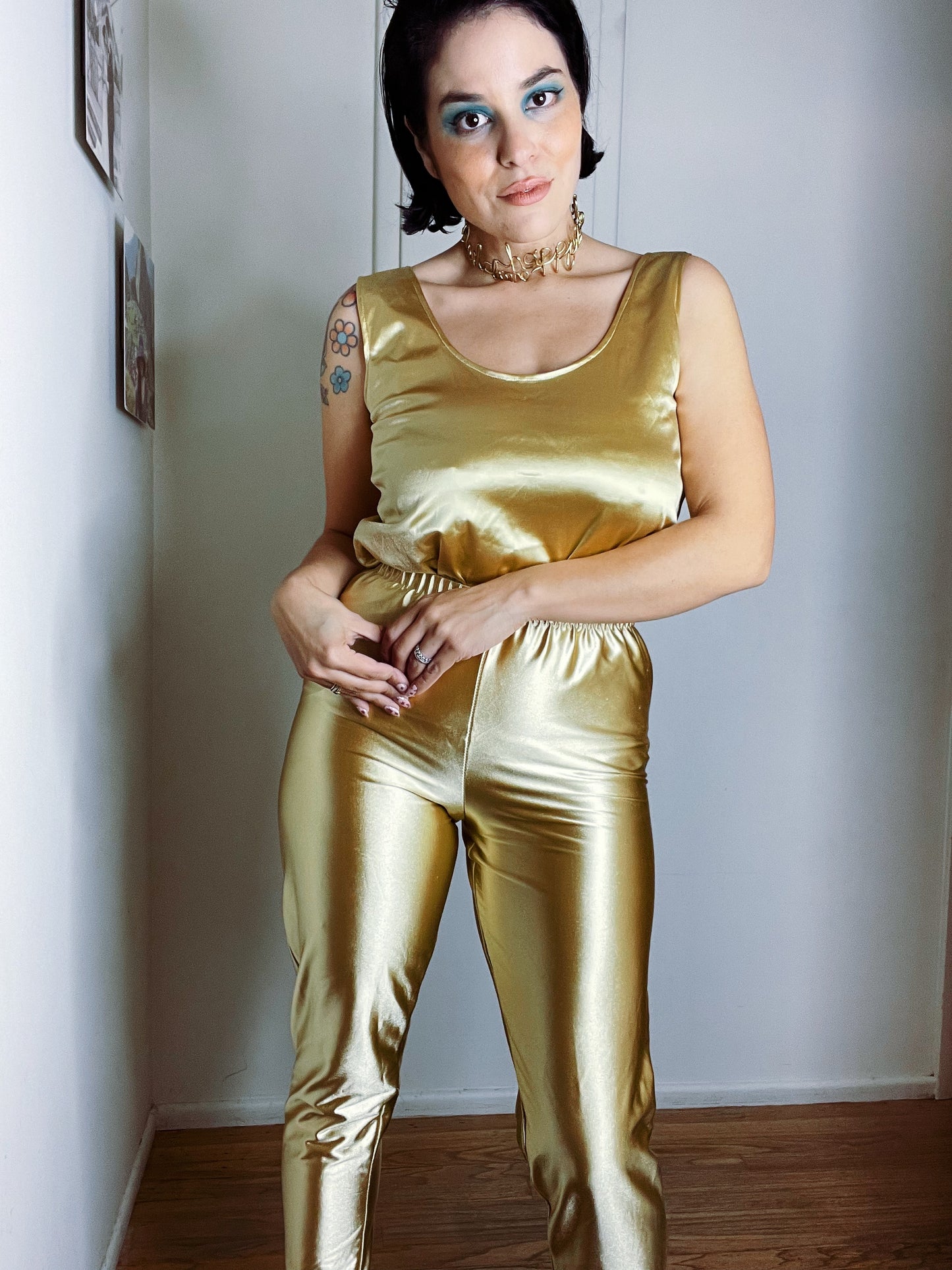 Vintage 80s Liquid Gold Pant Set Fits Sizes XXS-SM