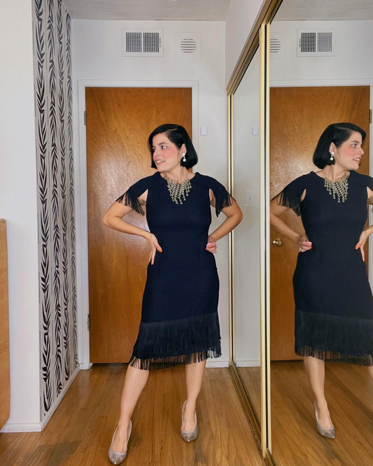 Vintage 60s Black Fringe Shoulders & Hemline Cha Cha Dress Fits Sizes XS-SM