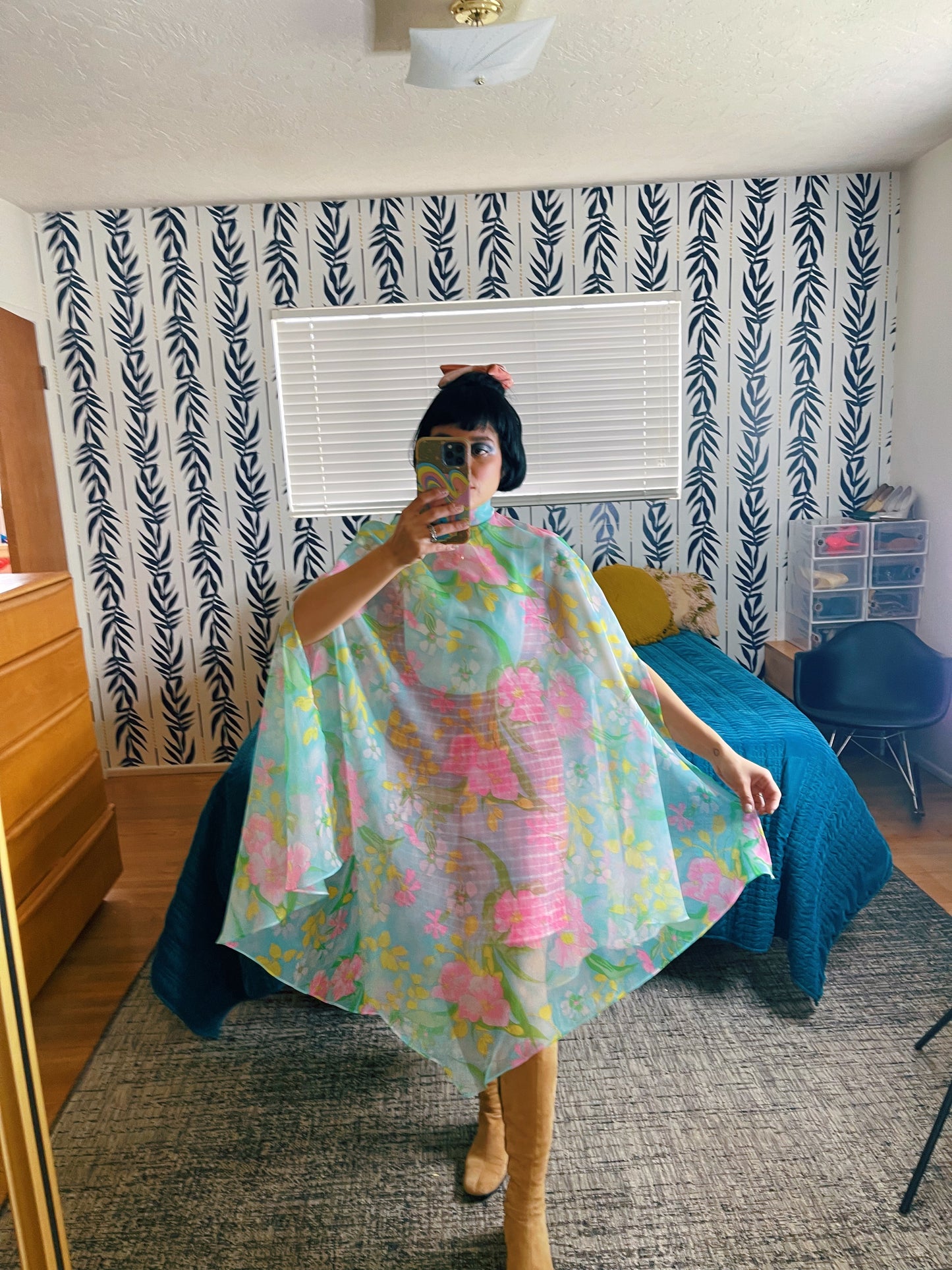 Vintage 60s / 70s Sheer Neon Floral Cape Dress Fits One Size