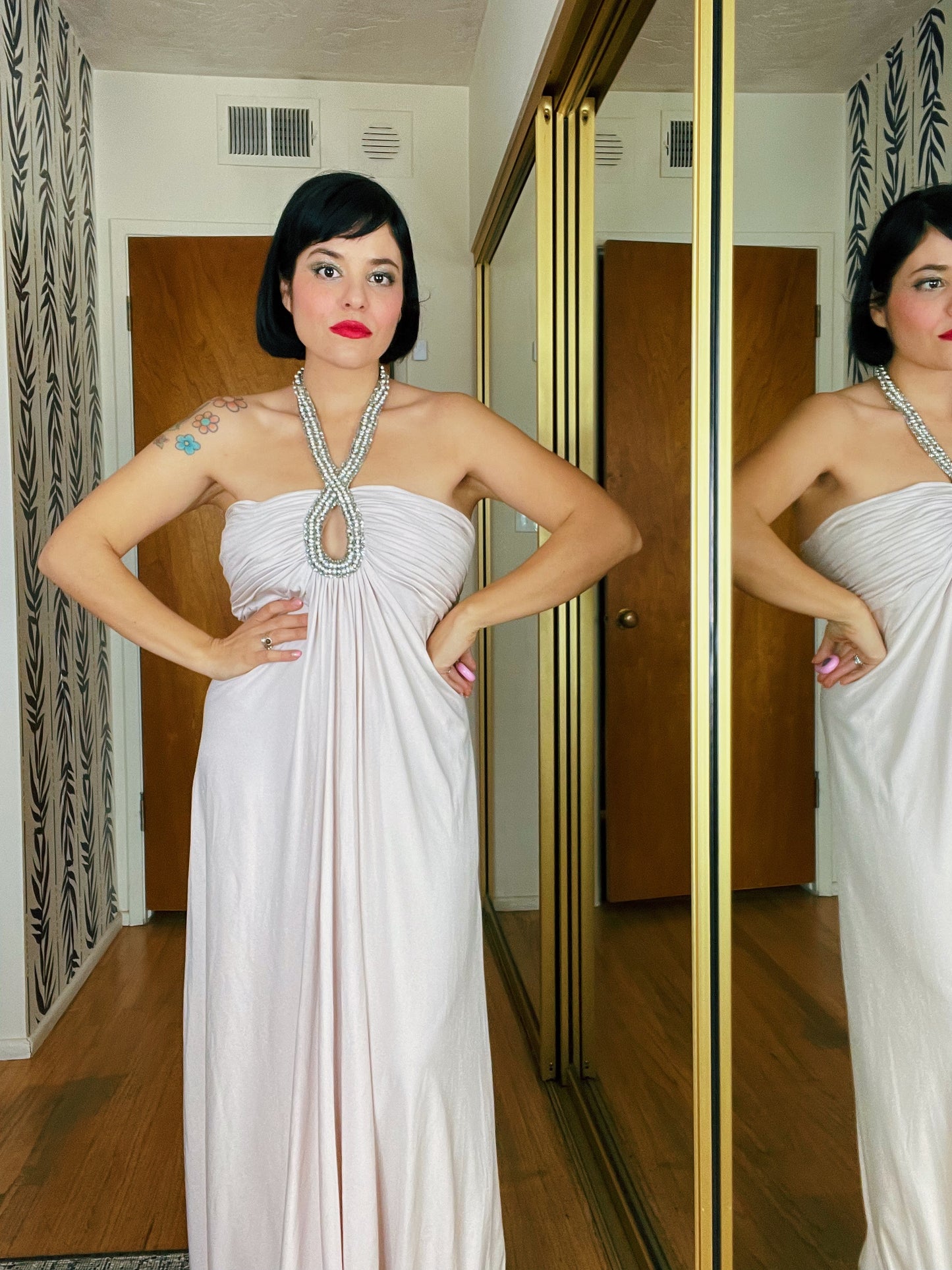Vintage 60s / 70s Champagne Color Pearl Beaded  Peekaboo Neckline Gown Fits Sizes M-L