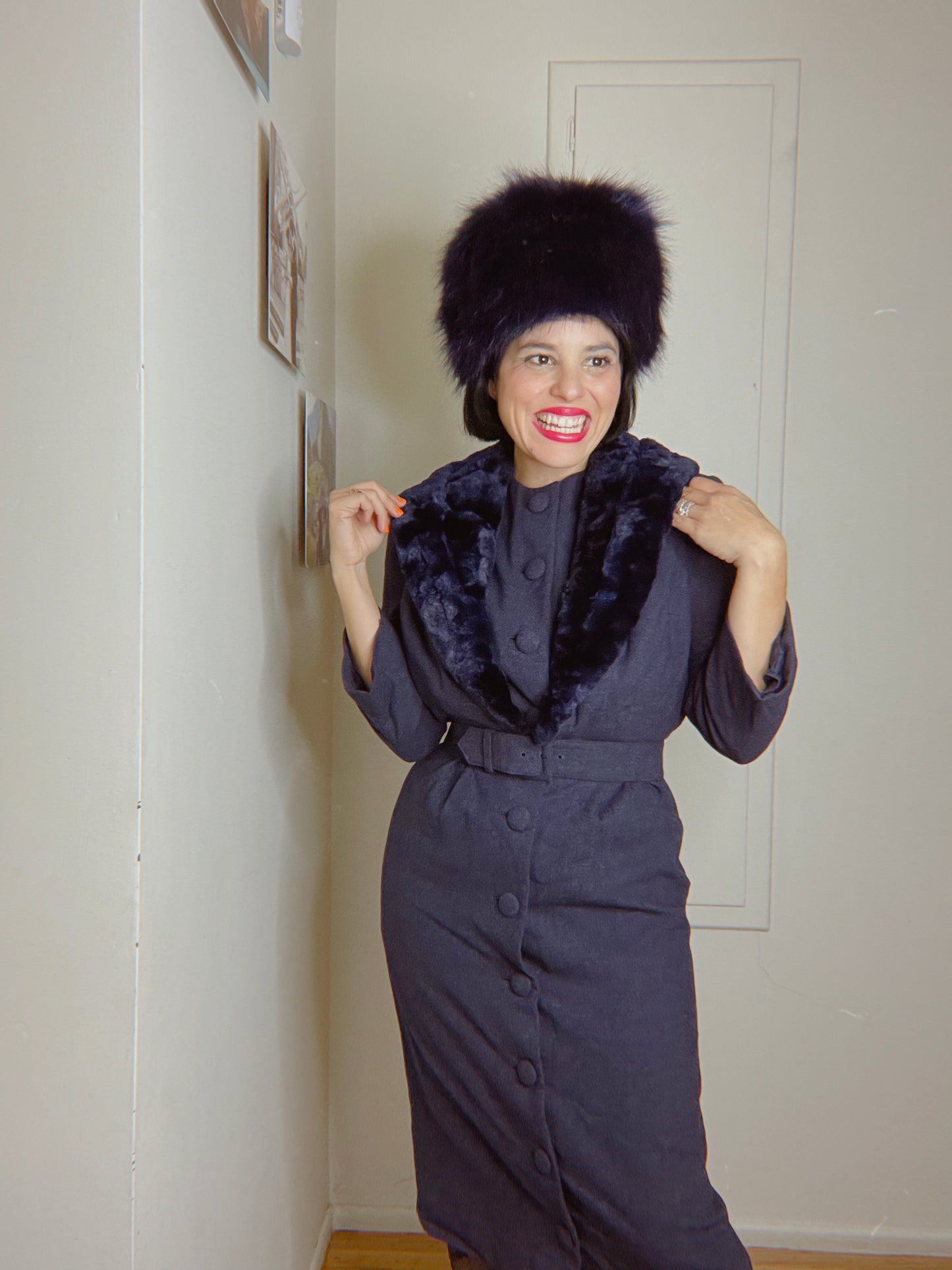 Vintage 50s / 60s Blue Faux Collar Coat Dress Fits sizes XS-SM