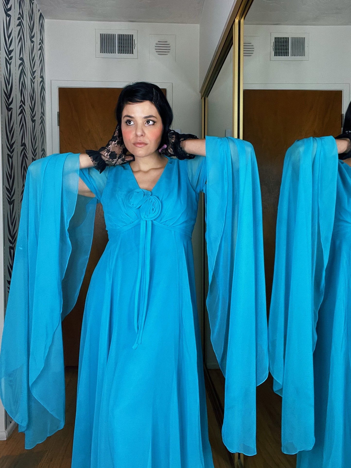 Vintage 60s / 70s Miss Elliette California Bondi Blue Chiffon Cape Sleeves Maxi Dress Fits Sizes XS-SM & Possible Size M