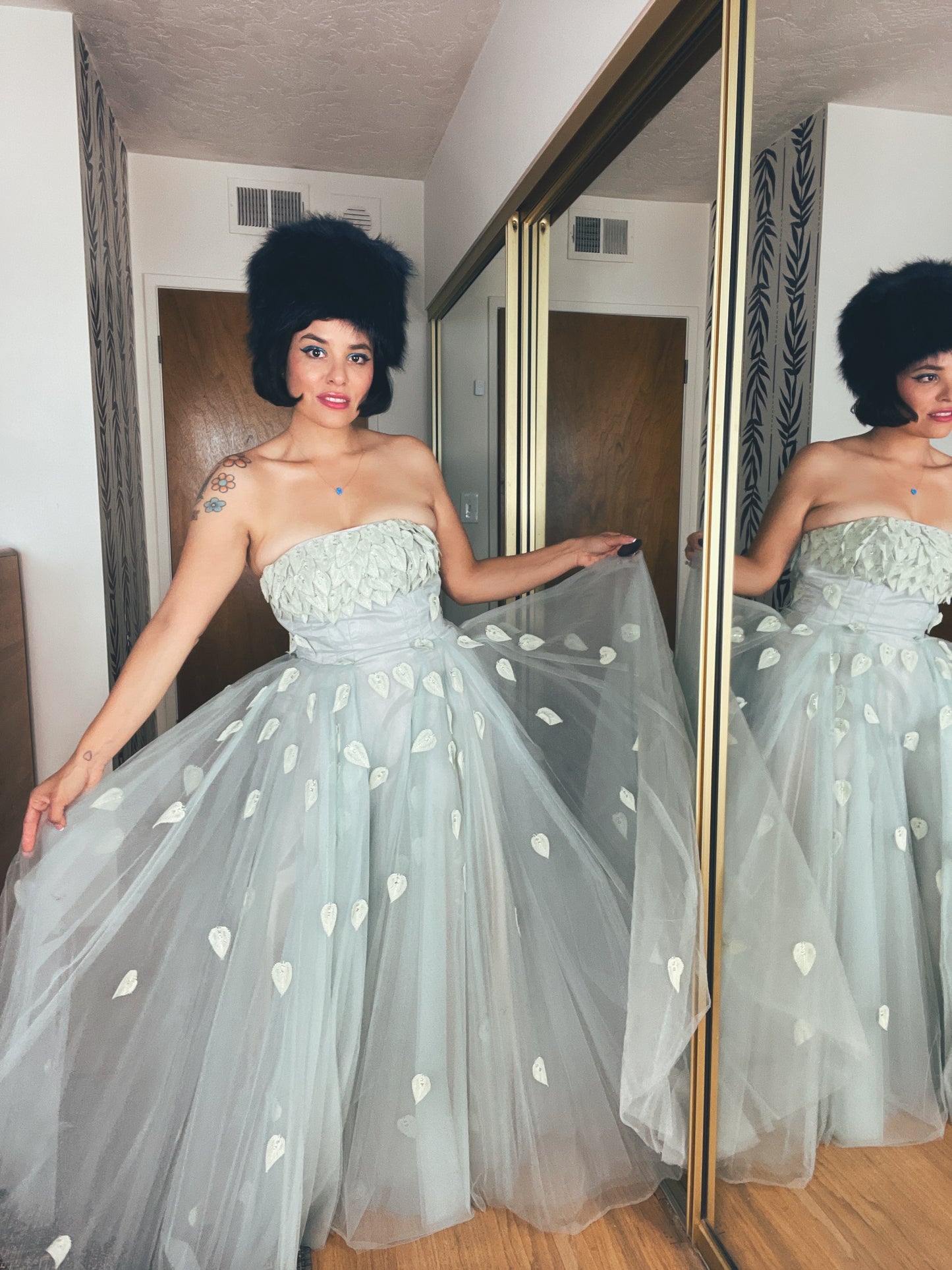 Vintage 50s / 60s Emma Domb California Leaf Rhinestone Tulle Gown Fits Sizes XS-SM