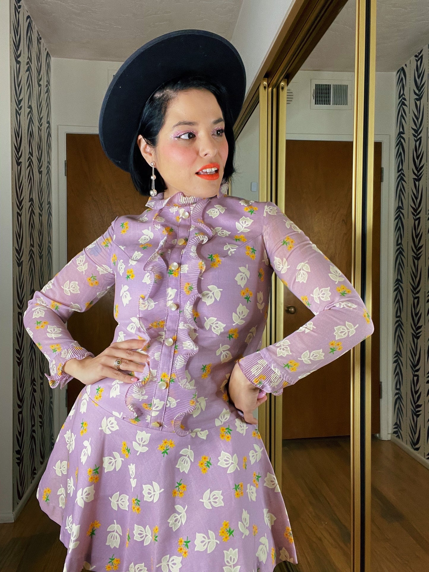 Vintage 60s Flower Power Ruffle Mini Dress Fits Sizes XXS-XS