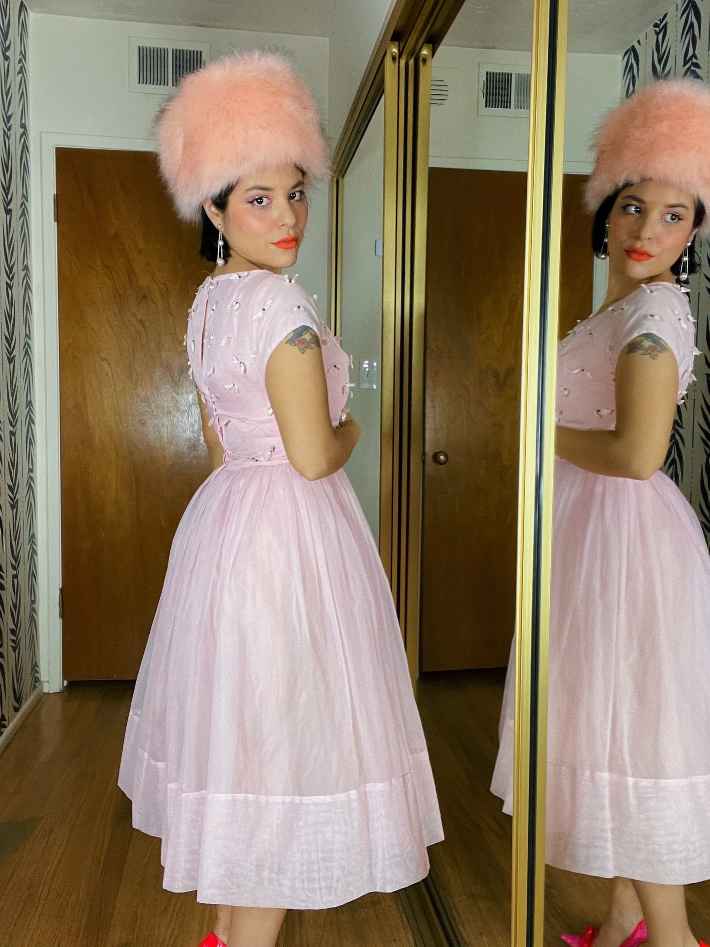 Vintage 50s / 60s Pink Bow Bolero Jacket Dress Set Fits Sizes XXS-XS