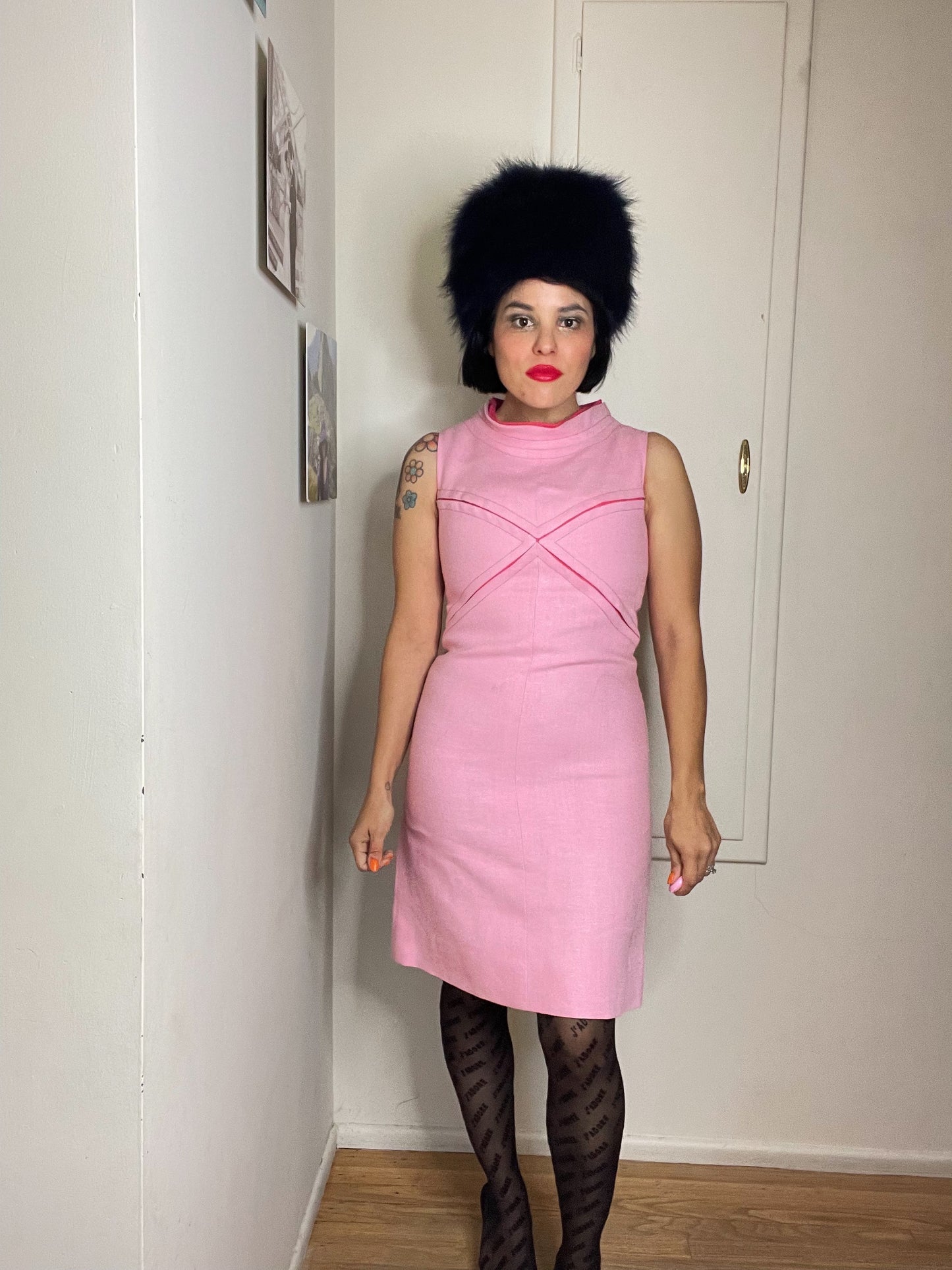 Vintage 60s Pink Mod Fitted Dress Fits Sizes XXS-SM