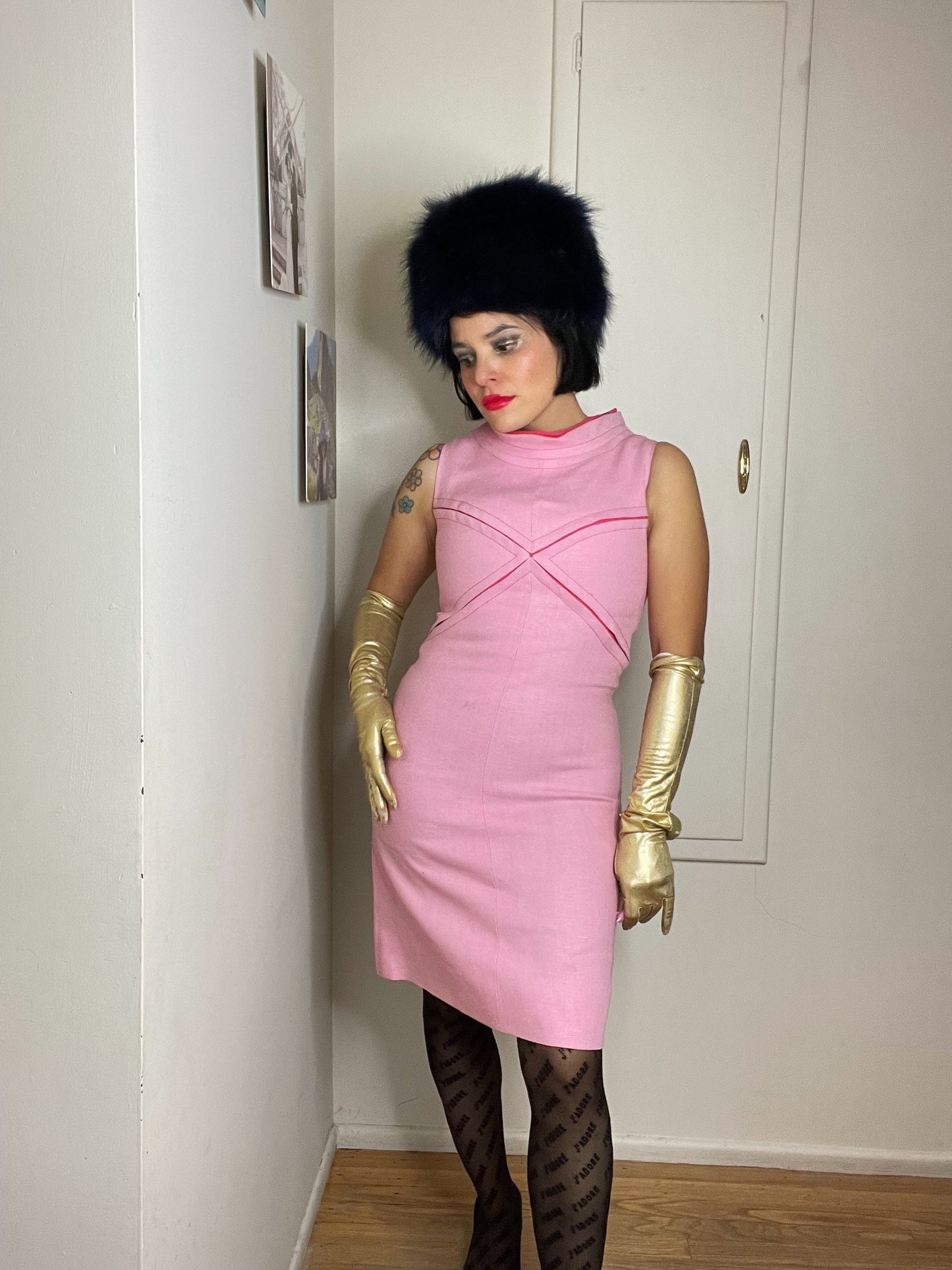 Vintage 60s Pink Mod Fitted Dress Fits Sizes XXS-SM