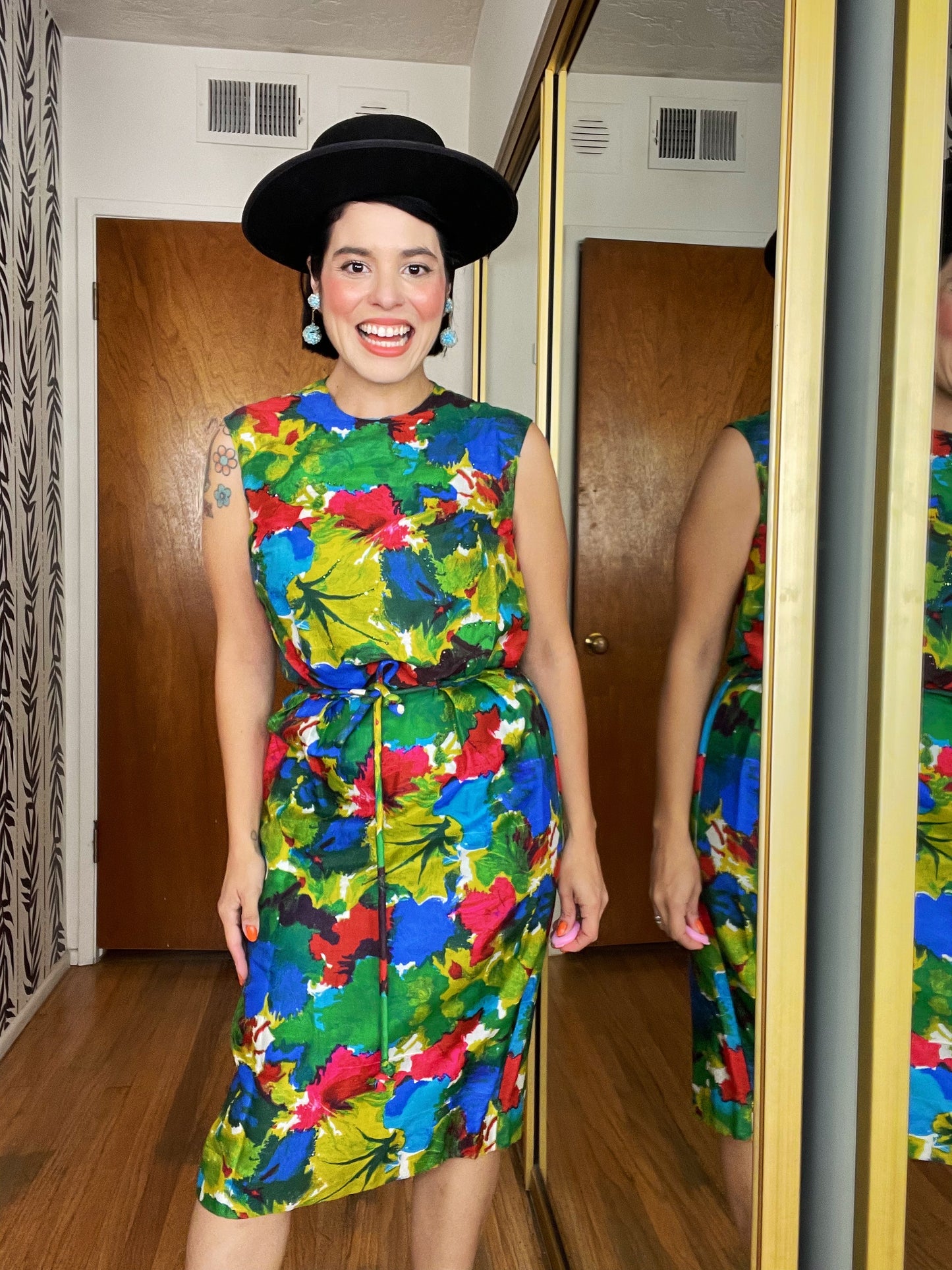 Vintage 50s / 60s Silk Floral Rhinestone Wiggle Dress Fits Sizes XS-SM