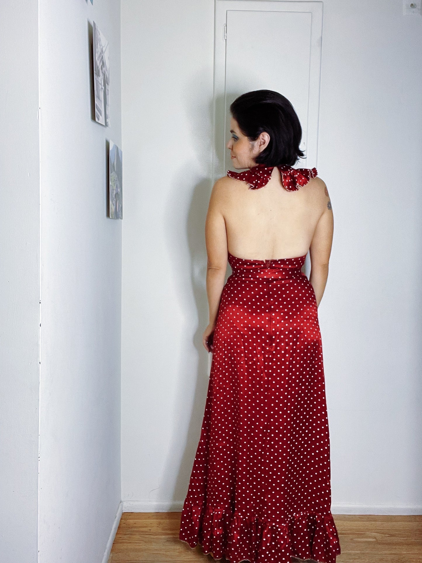 Vintage 70s Red Wine Polka Dot Silk Blend Maxi Dress Fits Sizes XS-SM