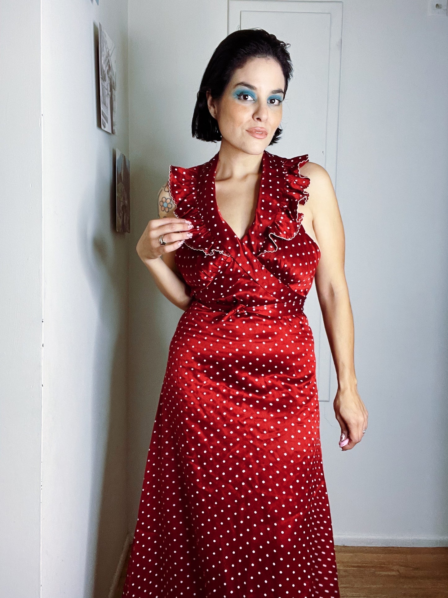 Vintage 70s Red Wine Polka Dot Silk Blend Maxi Dress Fits Sizes XS-SM