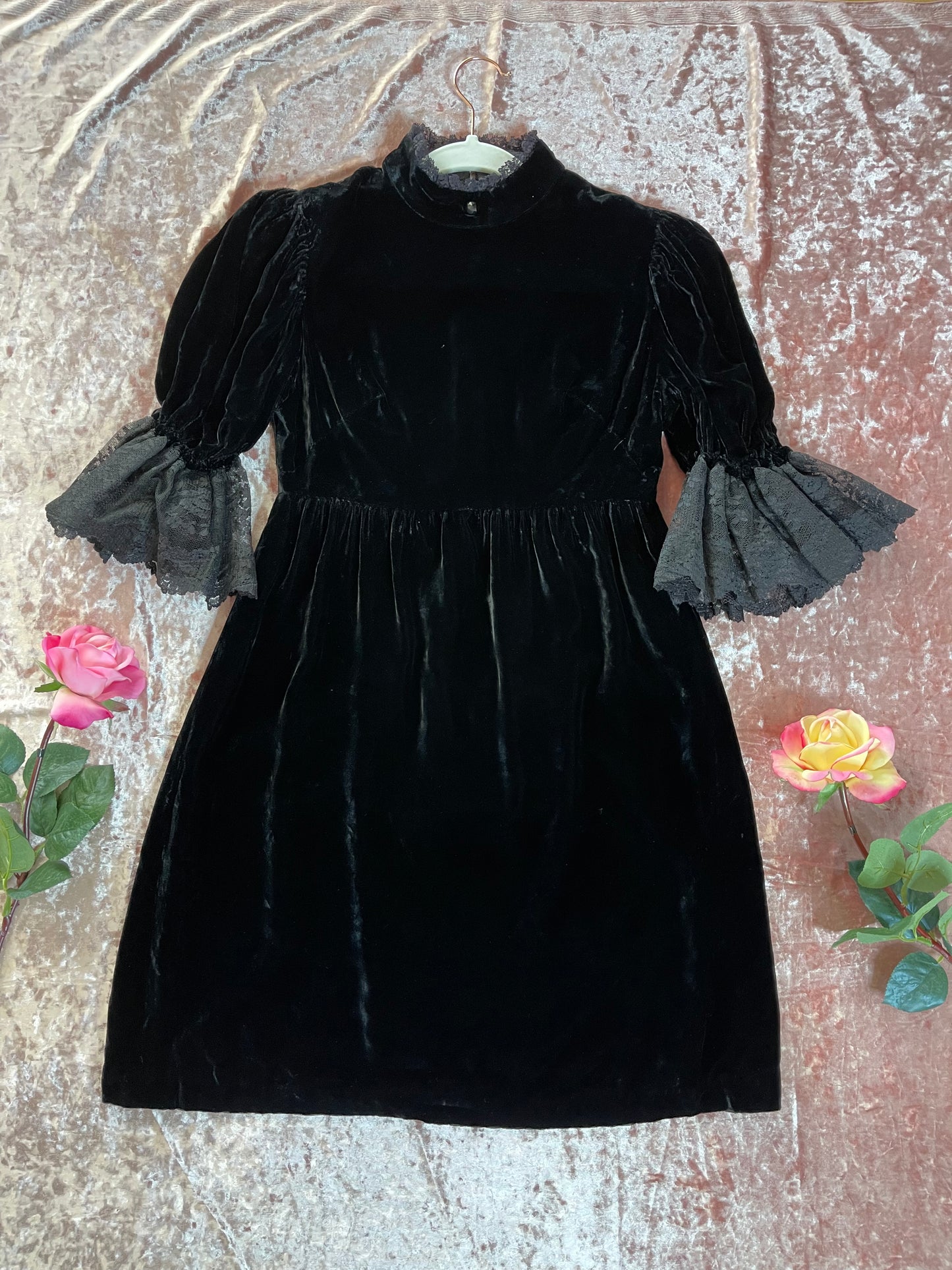 Vintage 60s Velvet Lace Ruffle Sleeve Mini Dress Fits Size XS