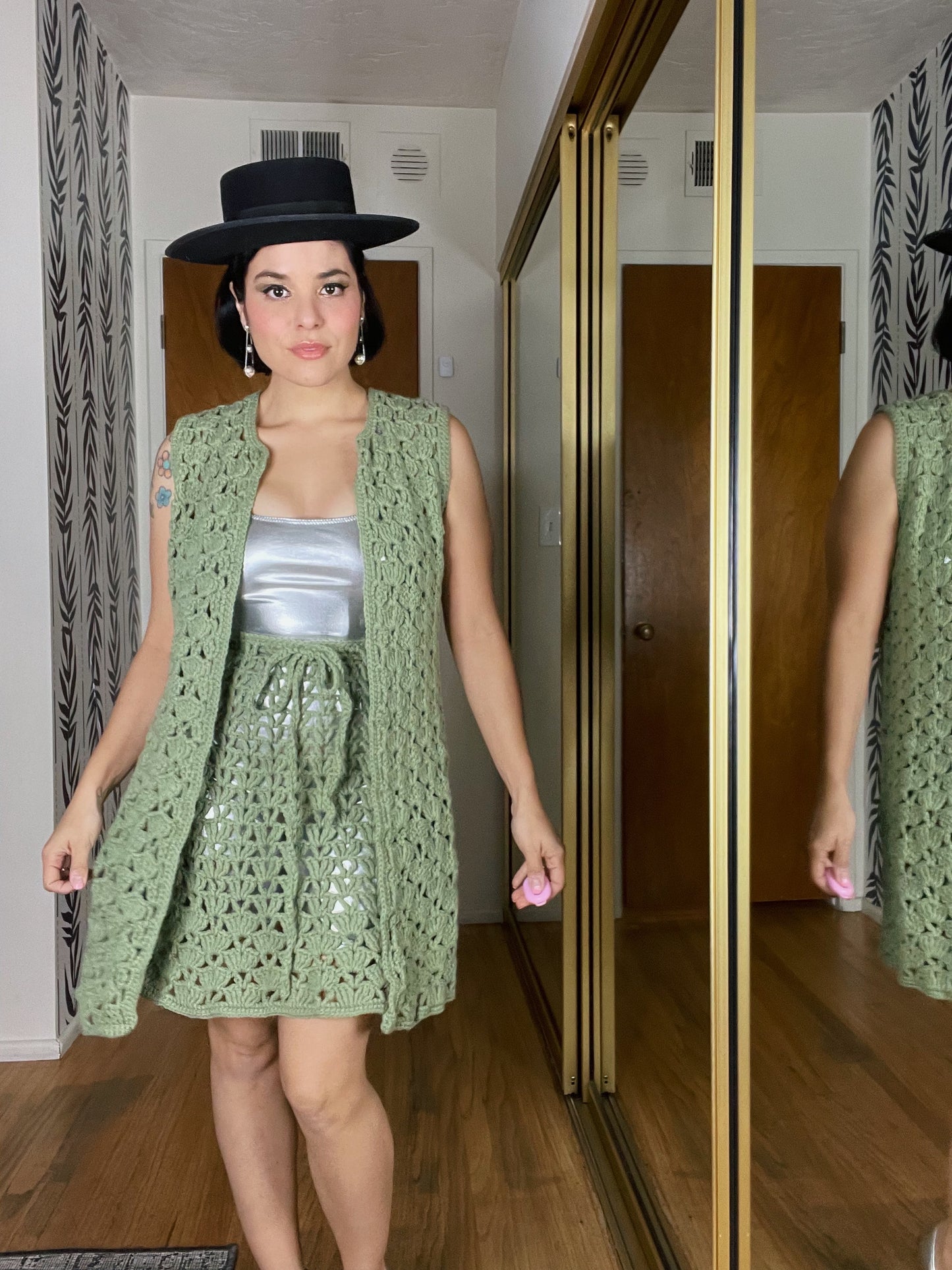 Vintage 60s Sage Green Crochet Skirt Set Fits Sizes XS-M