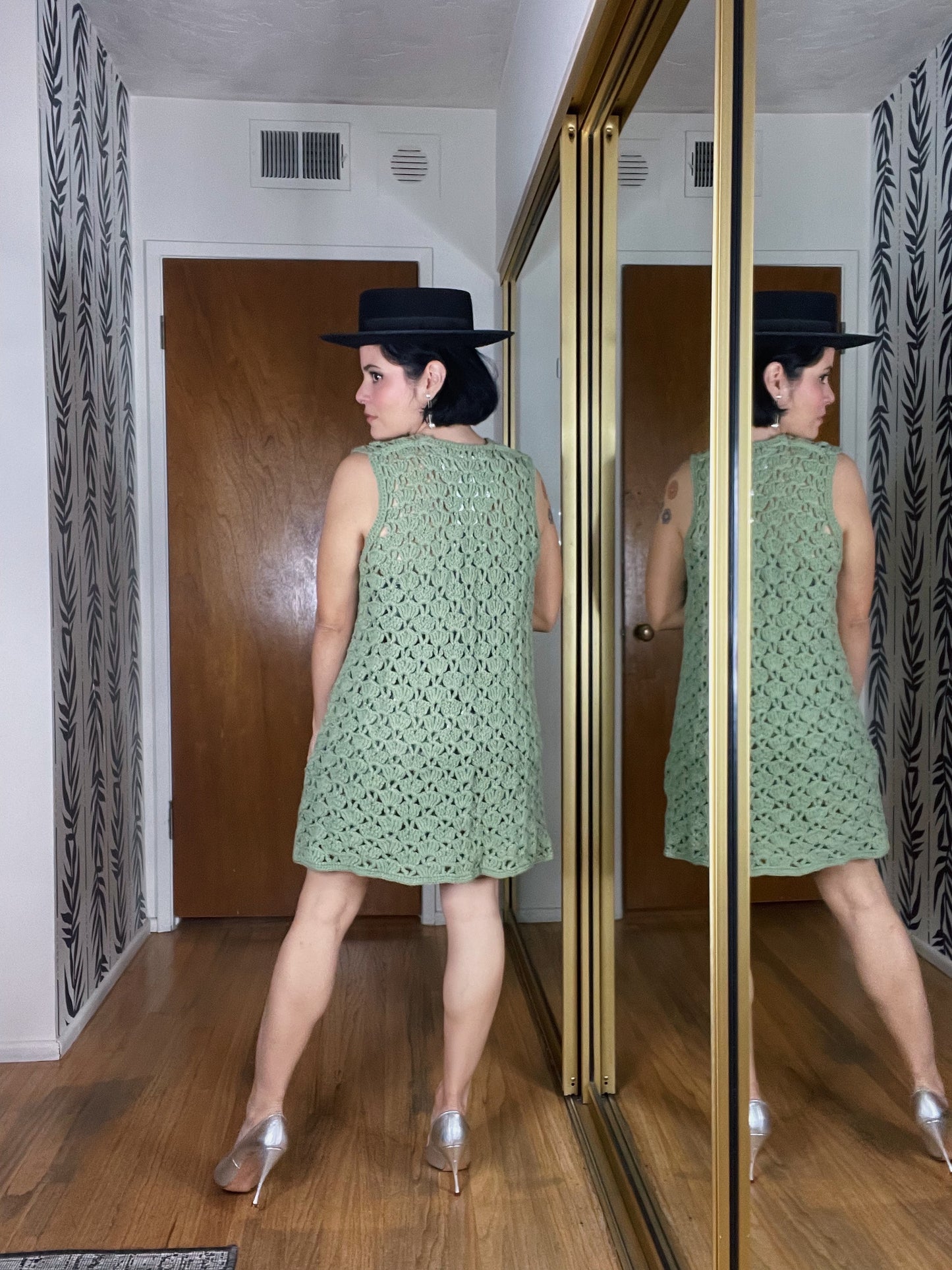 Vintage 60s Sage Green Crochet Skirt Set Fits Sizes XS-M