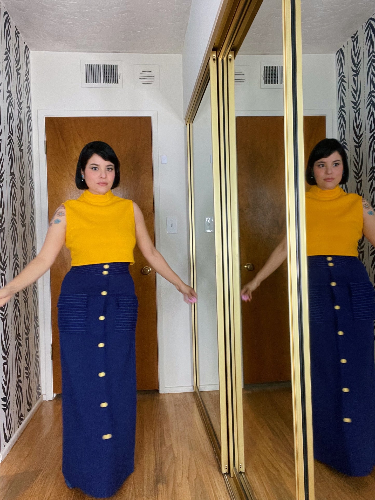 Vintage 70s Mustard Cropped Blouse Matching High Waisted Button Down Pinstriped Maxi Fits Sizes XS-SM