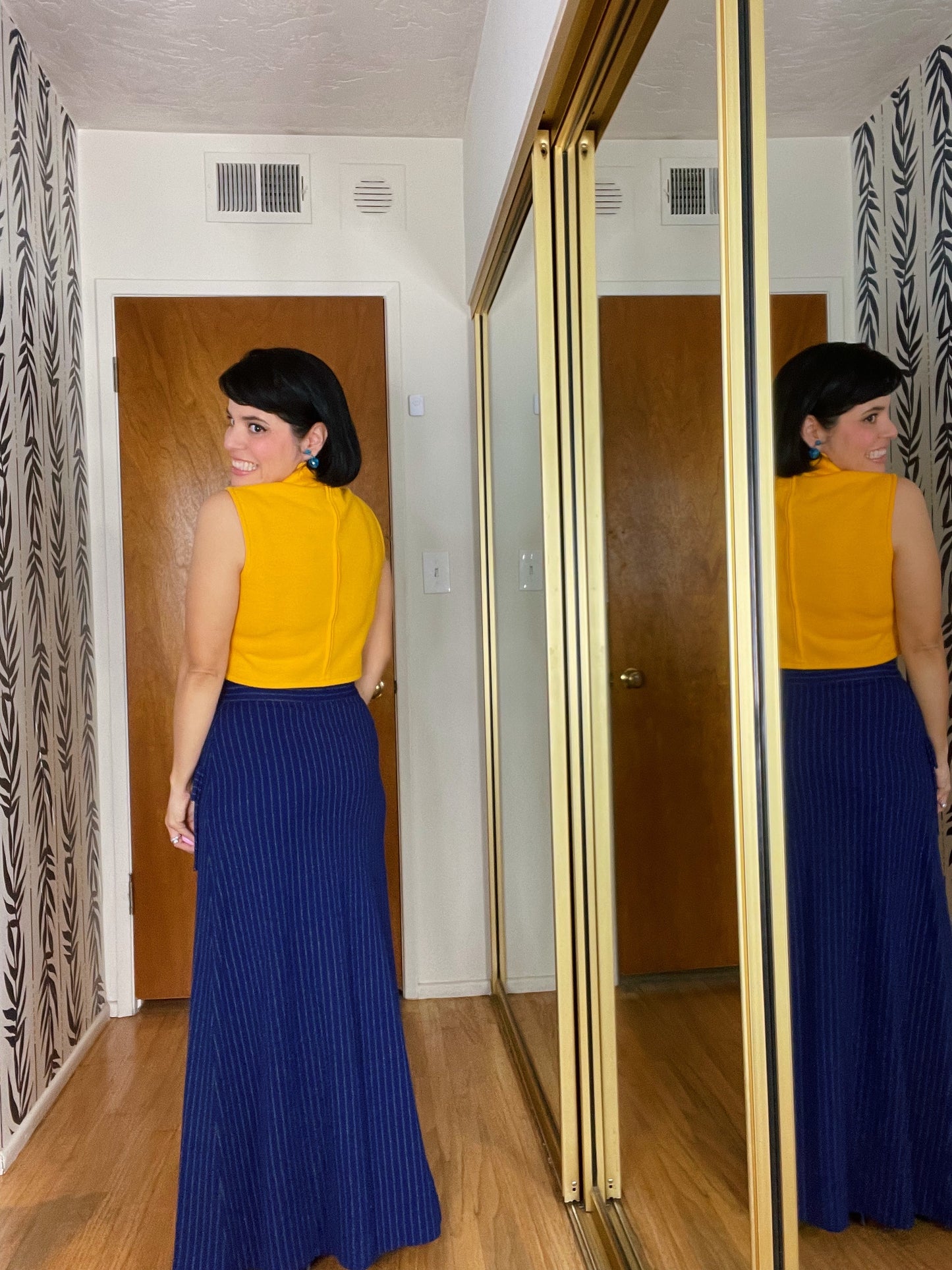 Vintage 70s Mustard Cropped Blouse Matching High Waisted Button Down Pinstriped Maxi Fits Sizes XS-SM