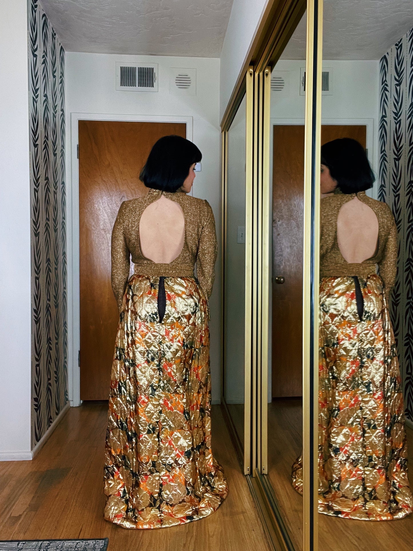 Vintage 60s / 70s Lame Quilted Open Back Maxi Dress Fits Sizes XS-SM & Possible Size M