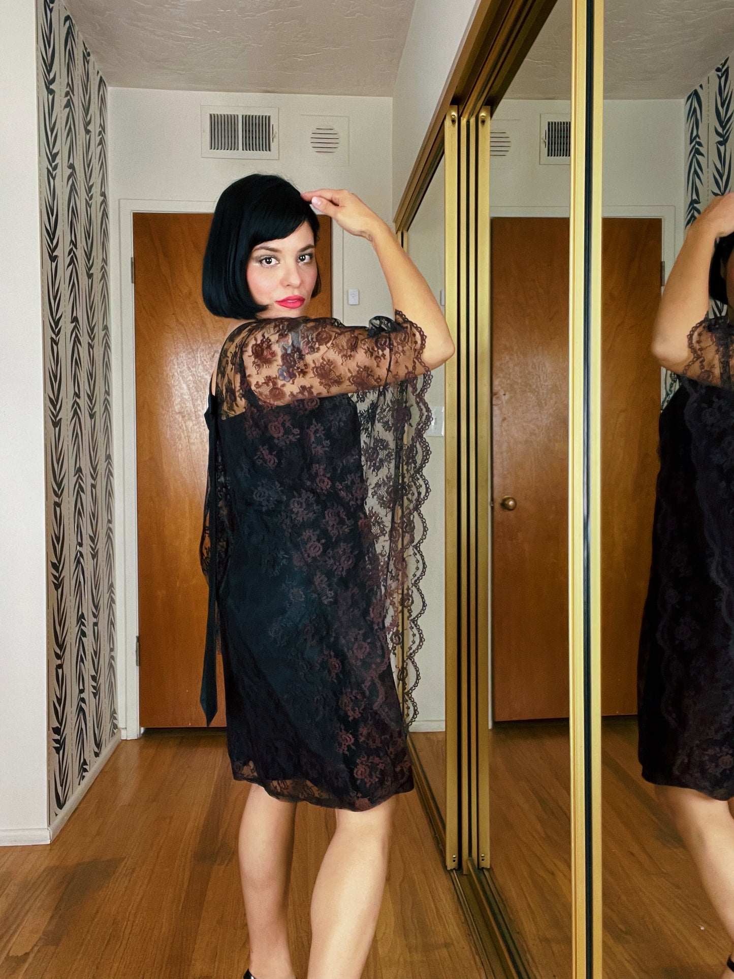 Vintage 60s Batwing Lace Overlay Dress Fits Sizes XS-SM & Possible Size M