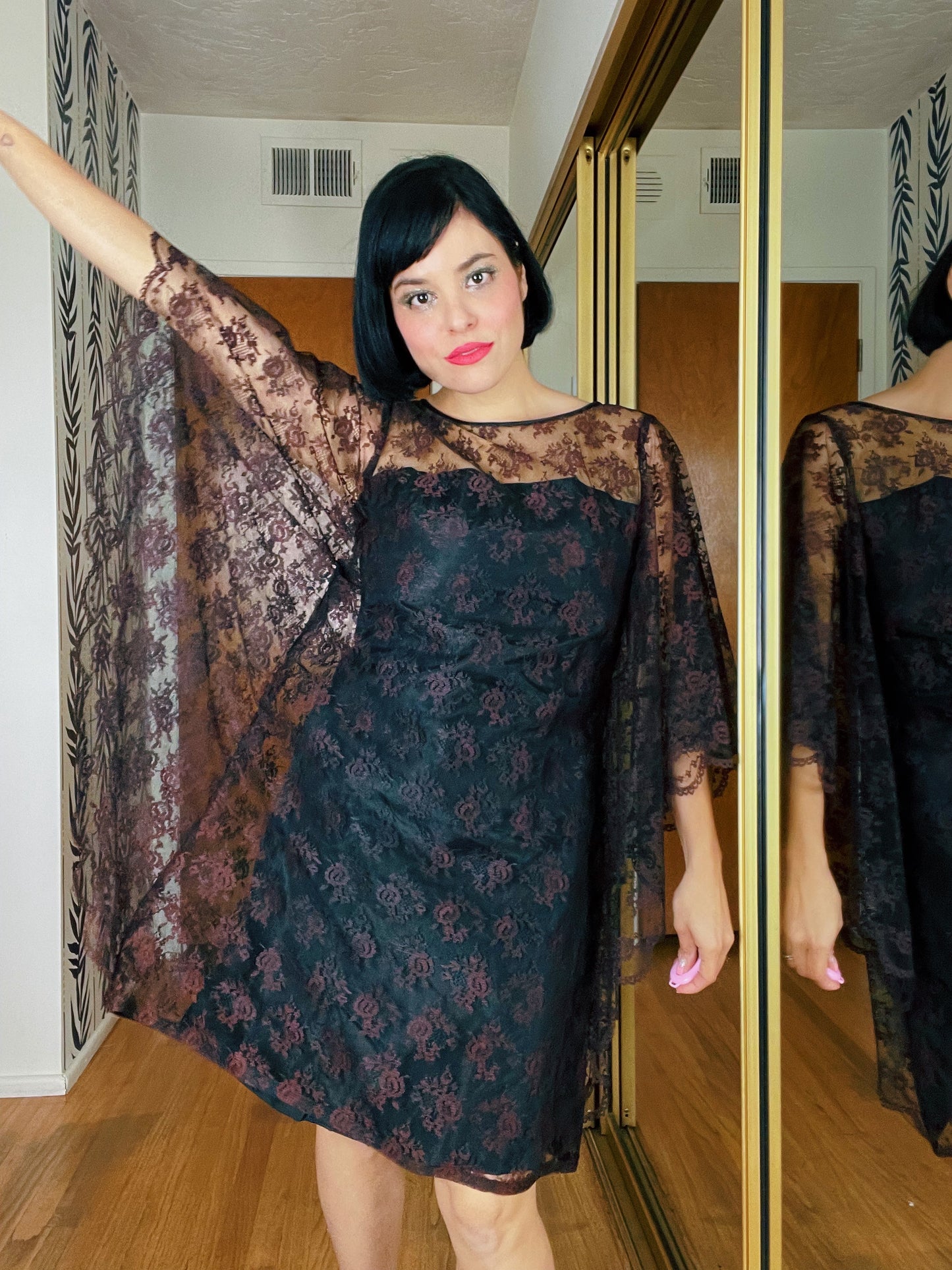Vintage 60s Batwing Lace Overlay Dress Fits Sizes XS-SM & Possible Size M