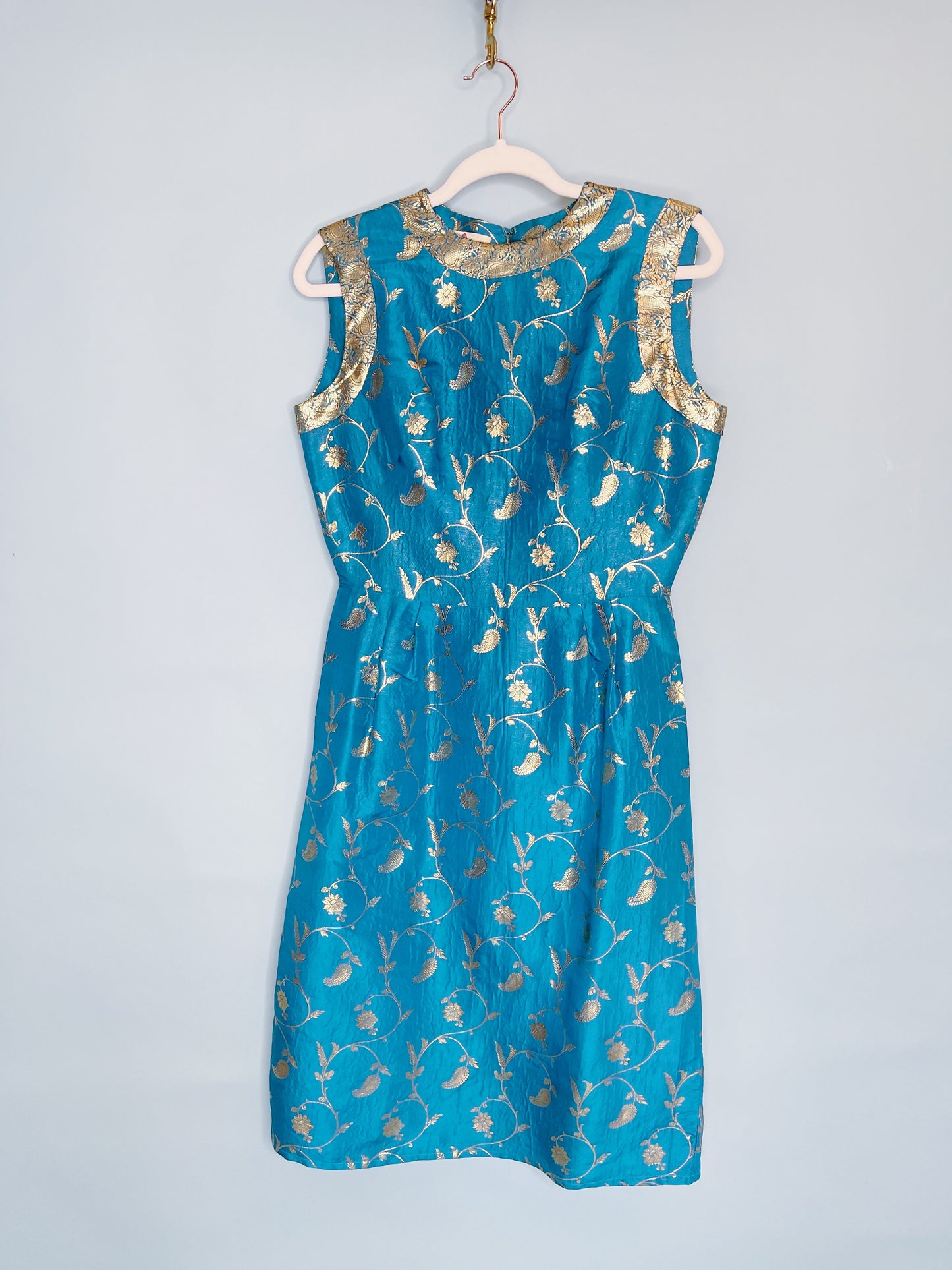 Vintage 60s Silk Gold Detail Wiggle Electric Blue Dress Fits Sizes XS-SM